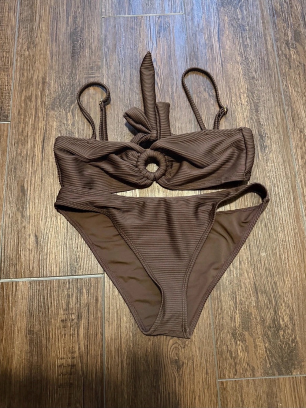 House of Harlow 1960 Brown Ribbed Ring-Front Bikini